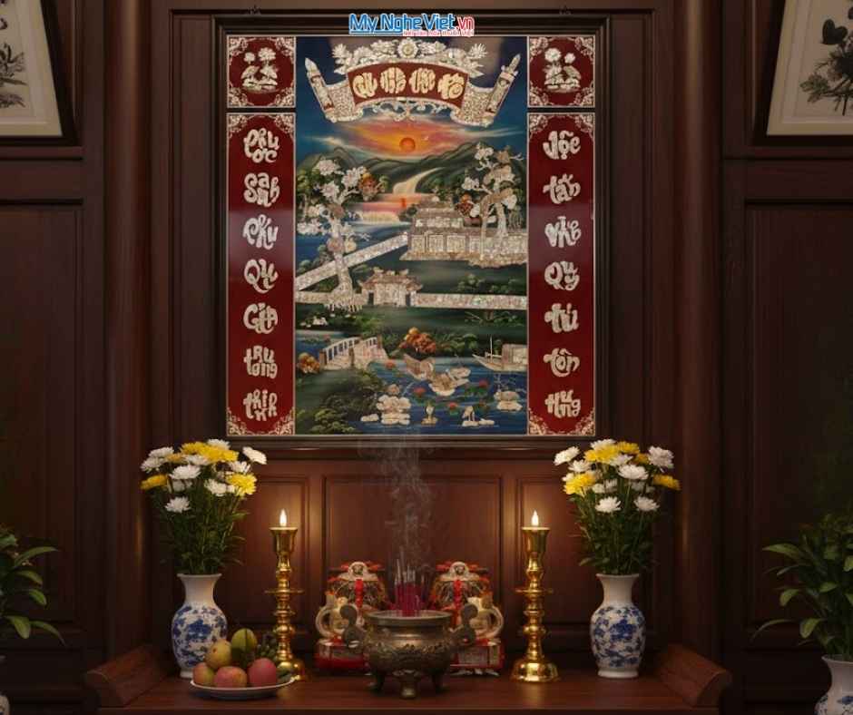 Liễn sơn mài - Cửu huyền thất tổ cẩn ốc nền xanh 120x130cm SMA195-1213/1