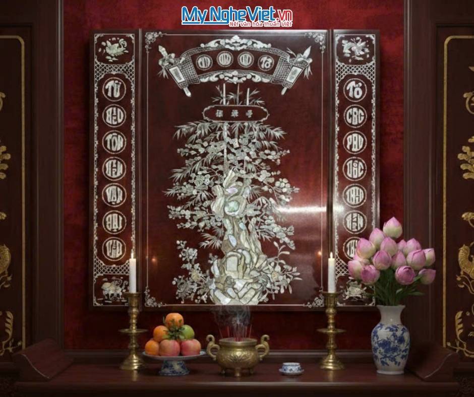 Bộ liễn Cửu Huyền Thất Tổ cẩn xà cừ nền ấm cao cấp 126x126cm SMA195/126.1