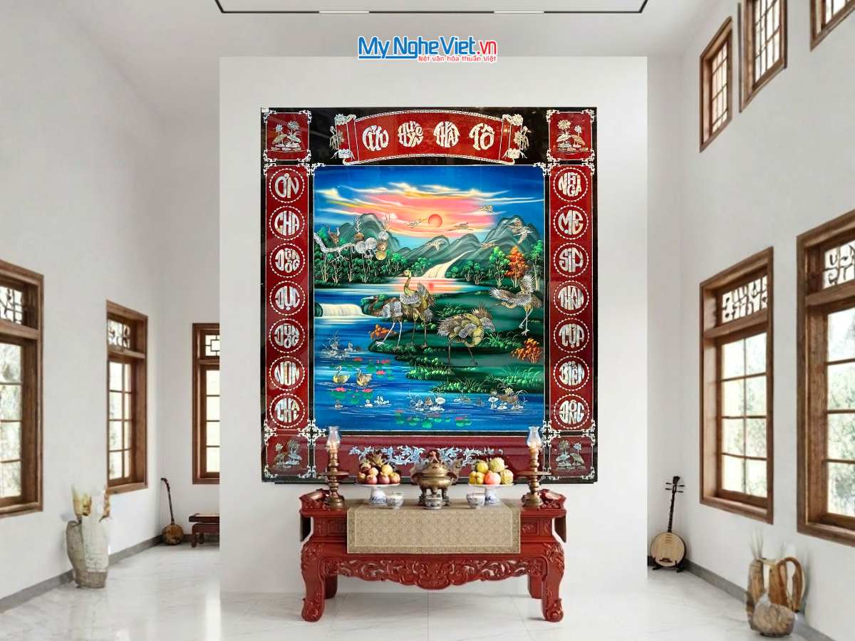 Liễng sơn mài – cửu huyền thất tổ cẩn ốc nền xanh ngang 140x160cm 1.4×1.6m SMA195/1416.2