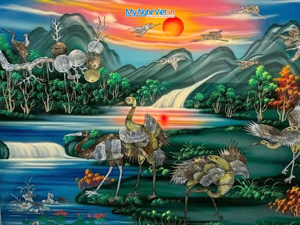 Liễng sơn mài – cửu huyền thất tổ cẩn ốc nền xanh ngang 140x160cm 1.4×1.6m SMA195/1416.2