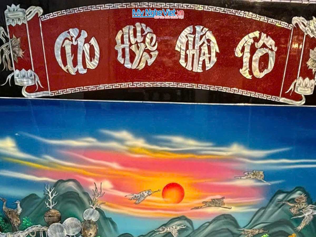 Liễng sơn mài – cửu huyền thất tổ cẩn ốc nền xanh ngang 140x160cm 1.4×1.6m SMA195/1416.2