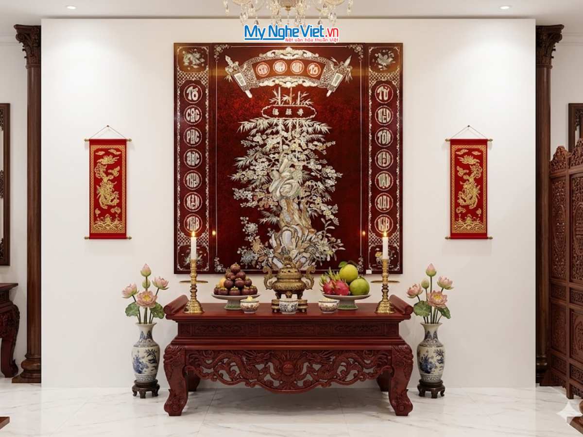 Bộ liễn Cửu Huyền Thất Tổ cẩn xà cừ nền ấm cao cấp 126x126cm