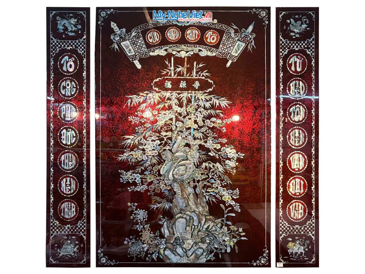 Bộ liễn Cửu Huyền Thất Tổ cẩn xà cừ nền ấm cao cấp 126x126cm