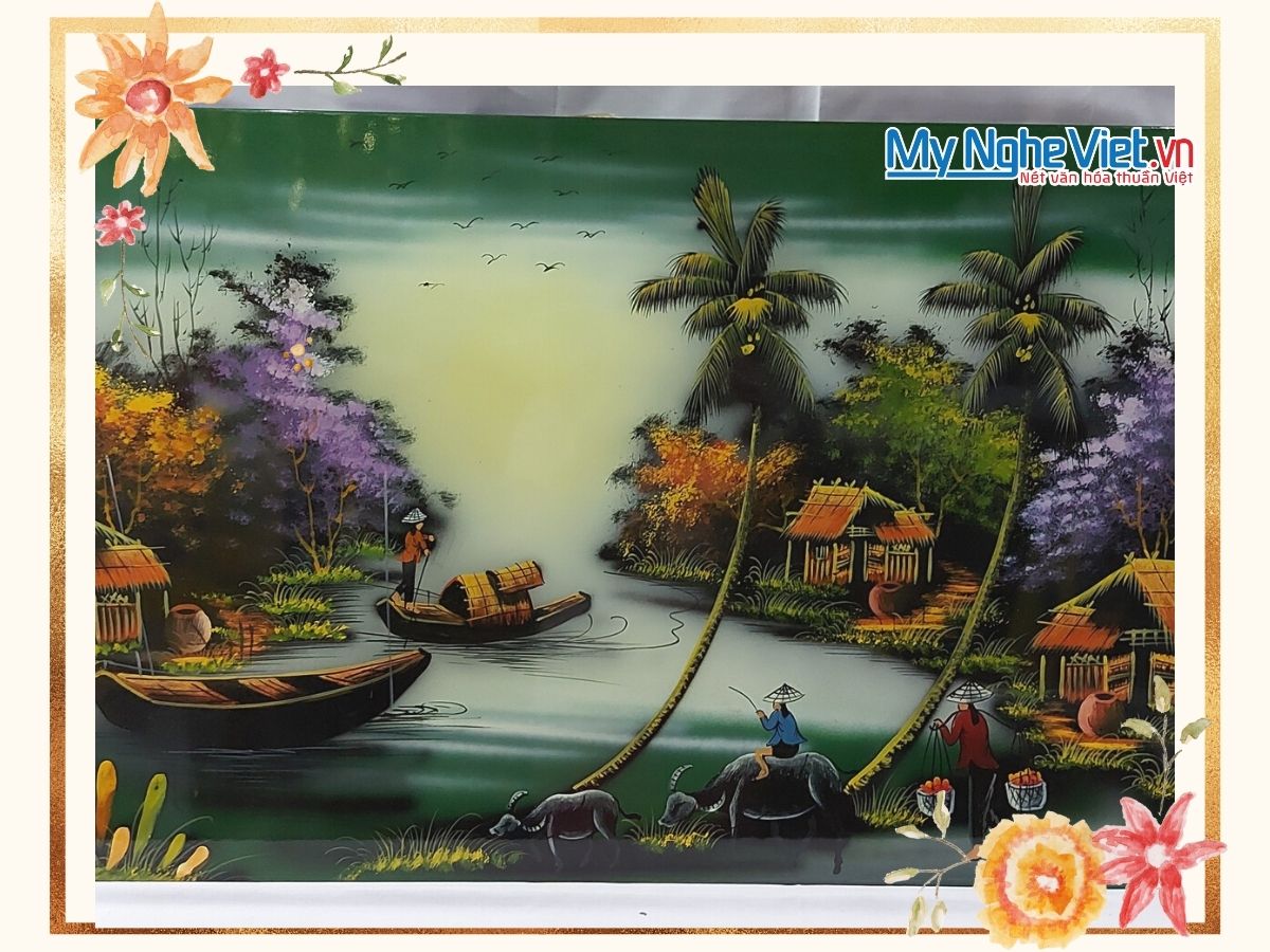 Tranh Sơn mài Đồng Quê Vẽ nền xanh lá TSM584-2
