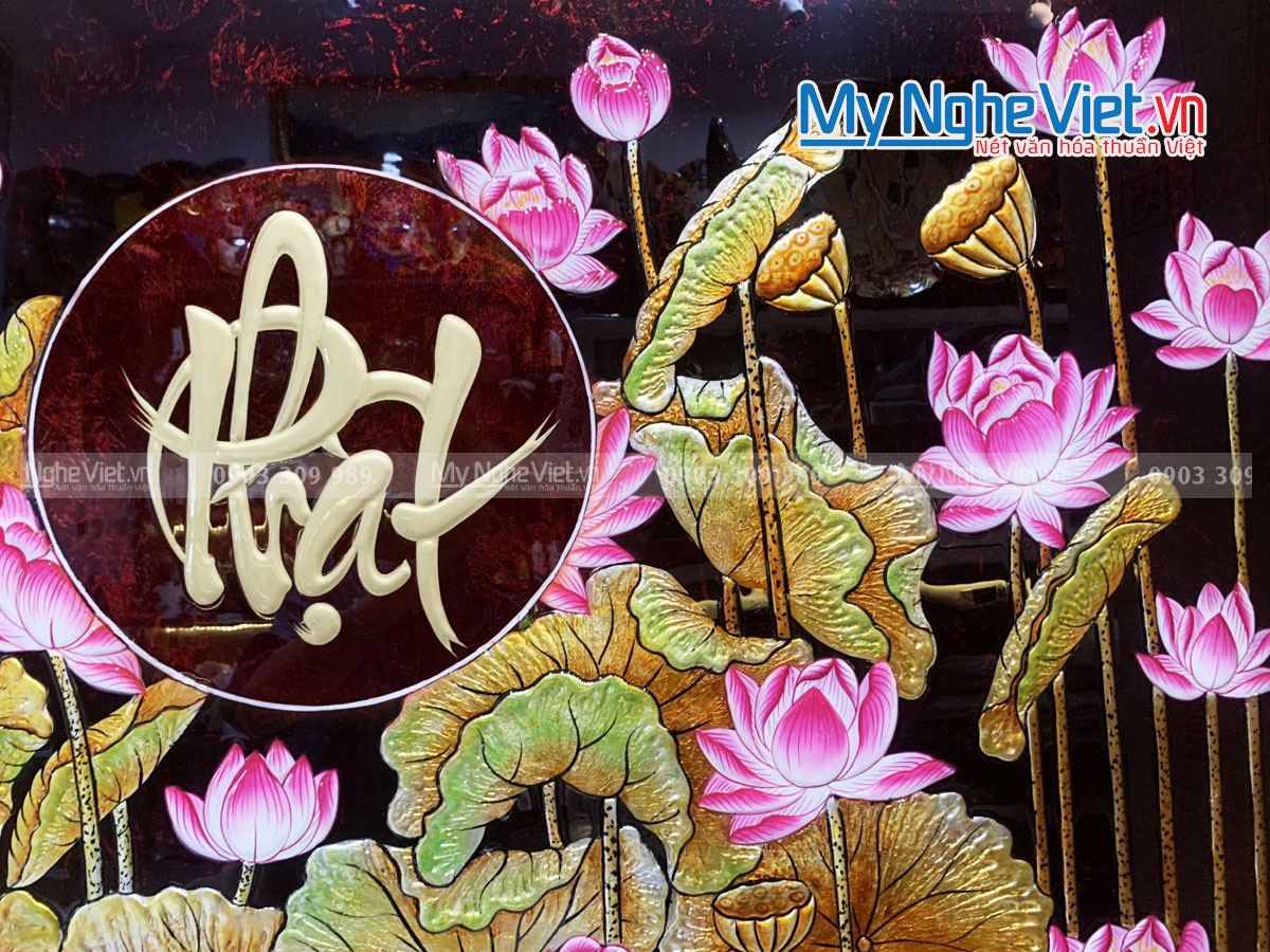Tranh sơn mài hoa sen đắp nổi phù điêu chữ Phật- hàng đặt theo yêu cầu TSM127