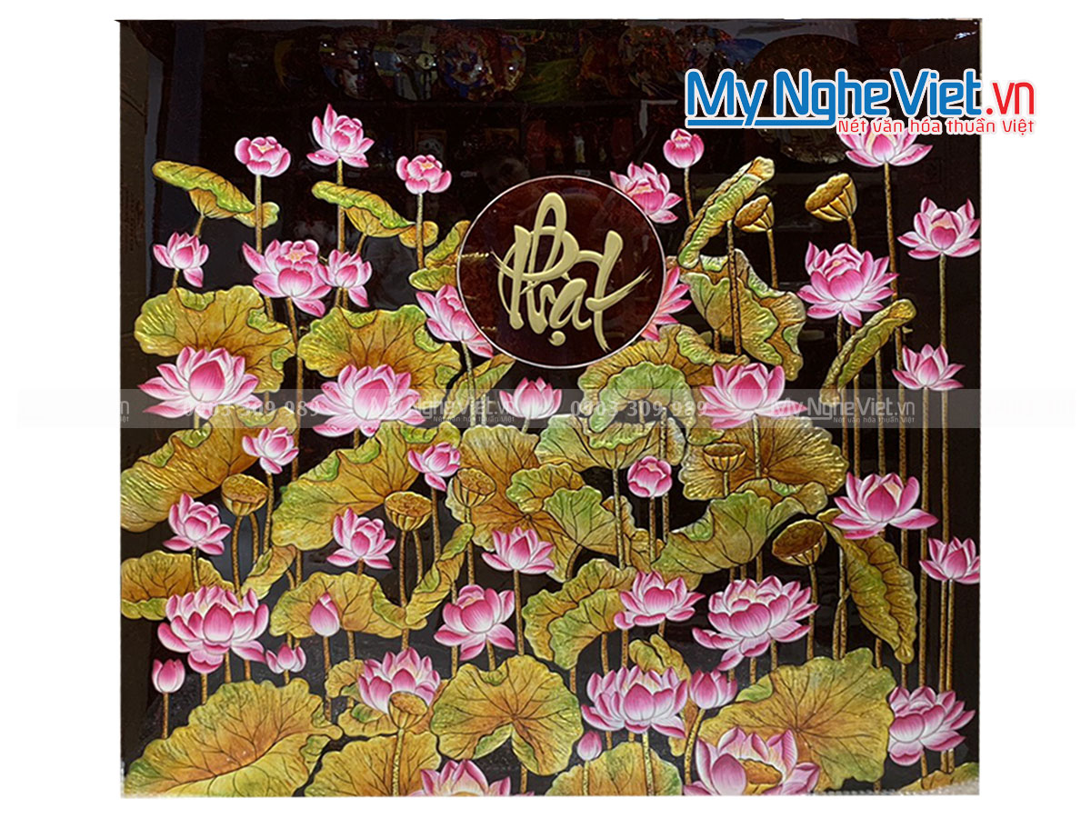 Tranh sơn mài hoa sen đắp nổi phù điêu chữ Phật- hàng đặt theo yêu cầu TSM127