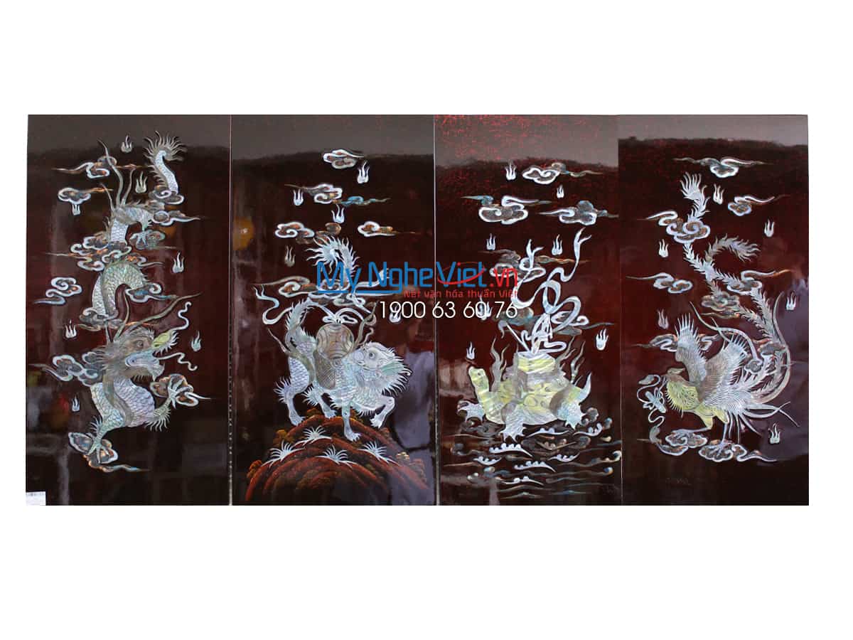 Bộ tranh sơn mài Long Lân Quy Phụng cẩn nổi nền ấm TSM367-1