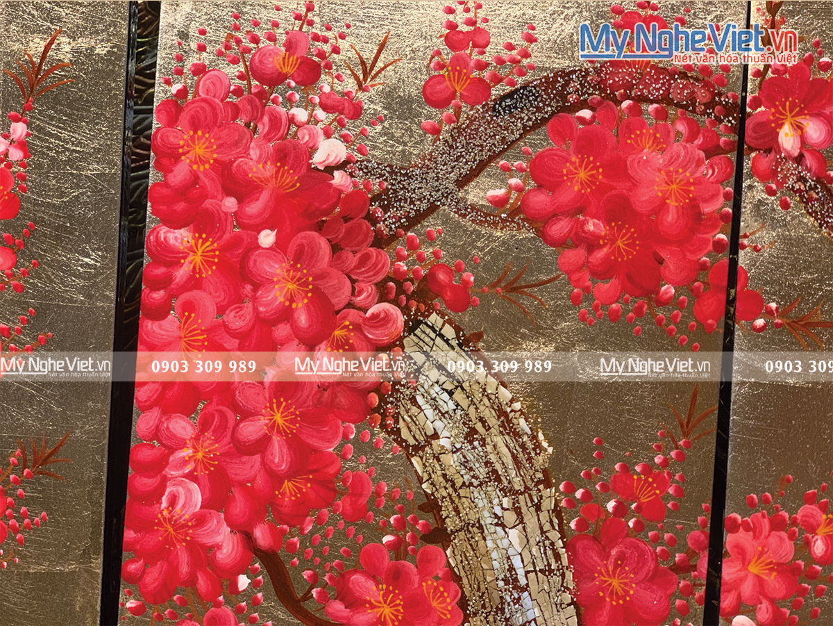 Tranh sơn mài hoa đào Nền Vàng (4 tấm) - MNV-SMA480-1