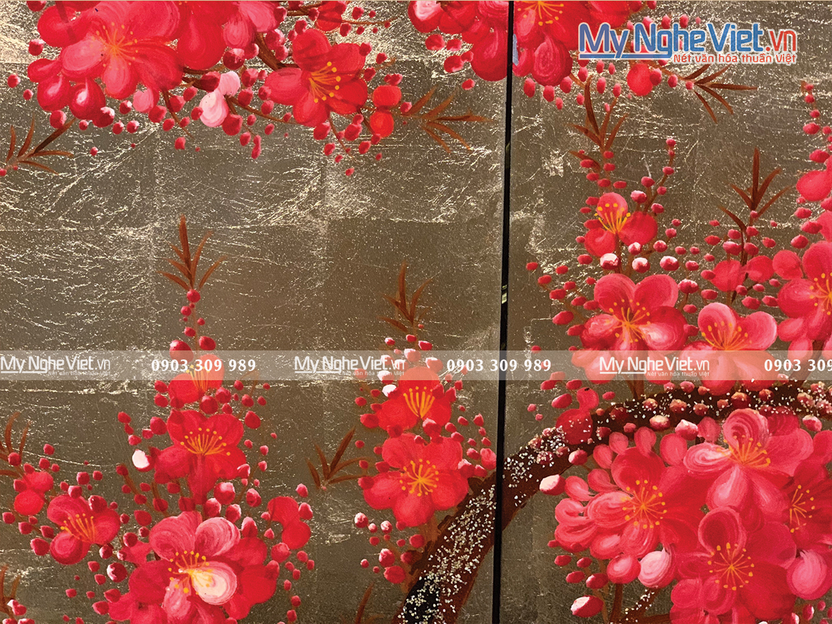Tranh sơn mài hoa đào Nền Vàng (4 tấm) - MNV-SMA480-1