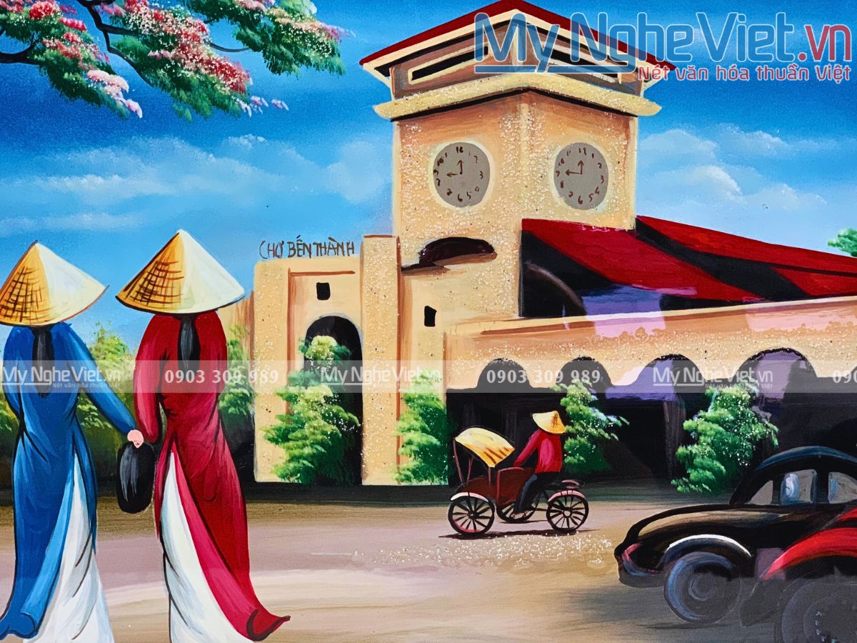 Tranh Sơn Mài Chợ Bến Thành 30x40 TSM34-TT + hộp mỹ thuật ép kim lót lụa