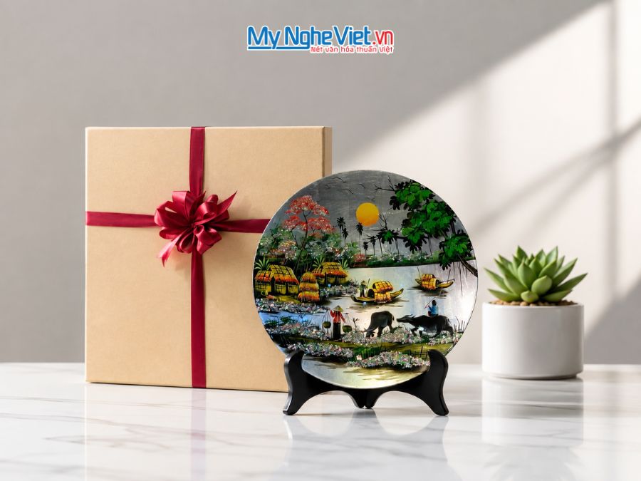 Tranh Đĩa Sơn Mài Đồng Quê Dát Bạc Nhiều Mẫu D35cm MNV-TSMD356-1