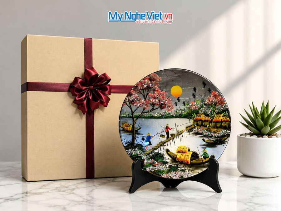 Tranh Đĩa Sơn Mài Đồng Quê Dát Bạc Nhiều Mẫu D35cm MNV-TSMD356-1