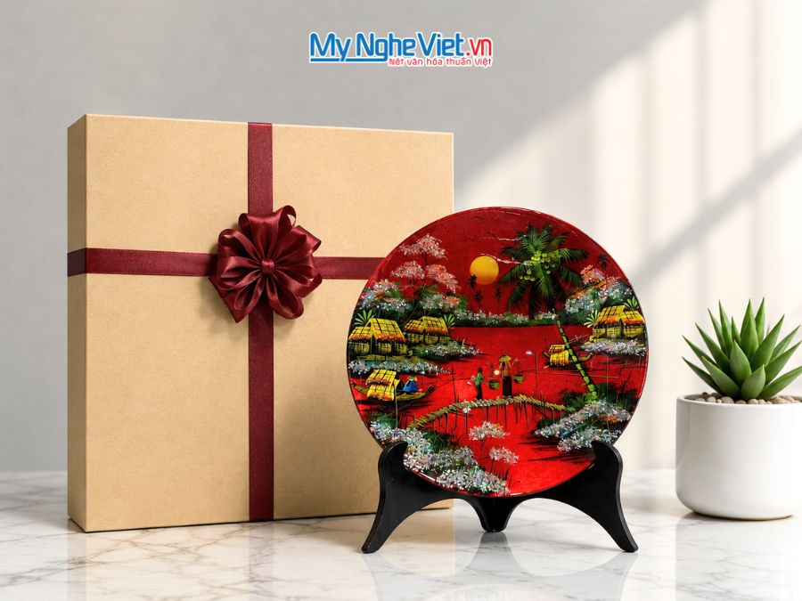 Tranh Đĩa Sơn Mài Đồng Quê Dát Bạc Nhiều Mẫu D35cm MNV-TSMD356-1