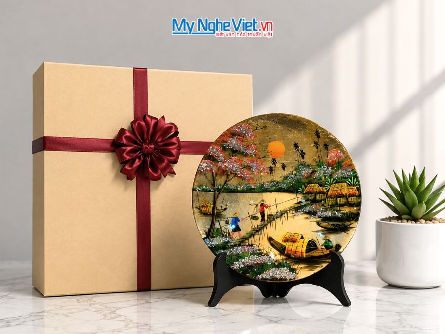 Tranh Đĩa Sơn Mài Đồng Quê Dát Bạc Nhiều Mẫu D35cm MNV-TSMD356-1