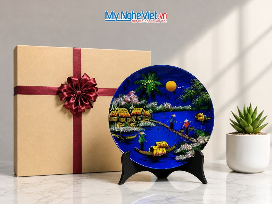 Tranh Đĩa Sơn Mài Đồng Quê Dát Bạc Nhiều Mẫu D35cm MNV-TSMD356-1