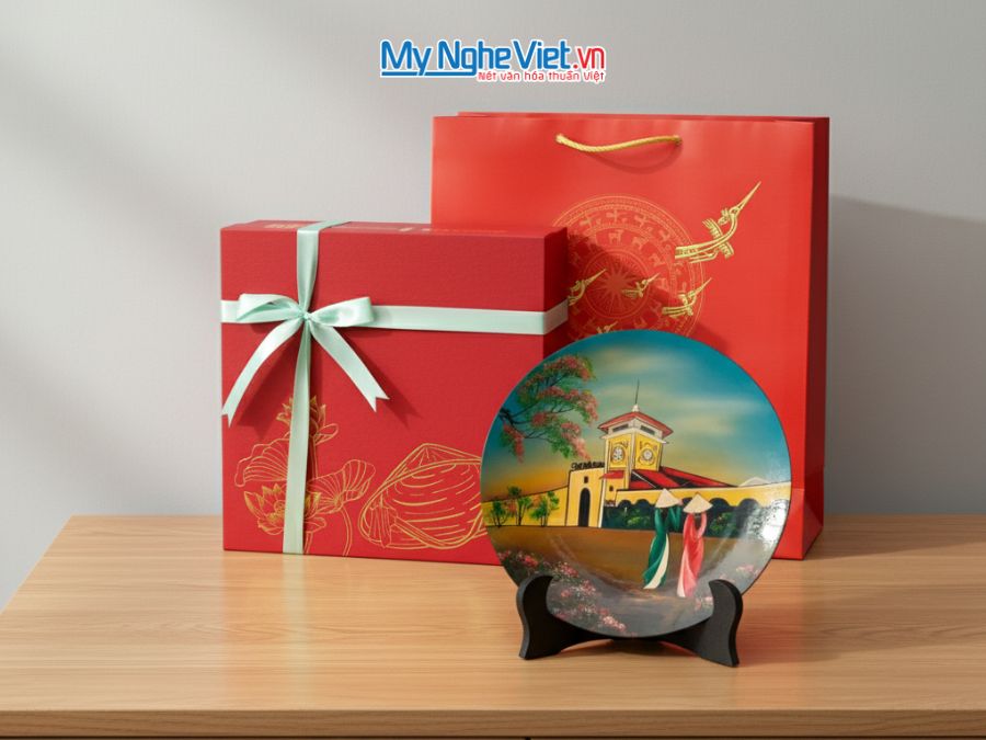 Tranh đĩa sơn mài vẽ Chợ Bến Thành nhiều mẫu D25 - TD25-TBL10