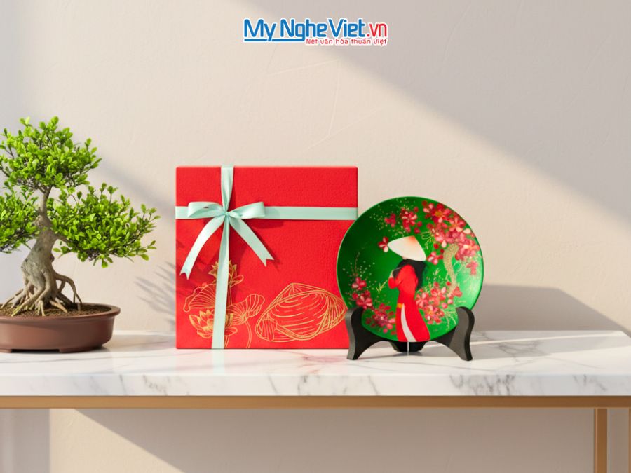 Tranh đĩa sơn mài cô gái đào D20 nhiều mẫu TD20-4