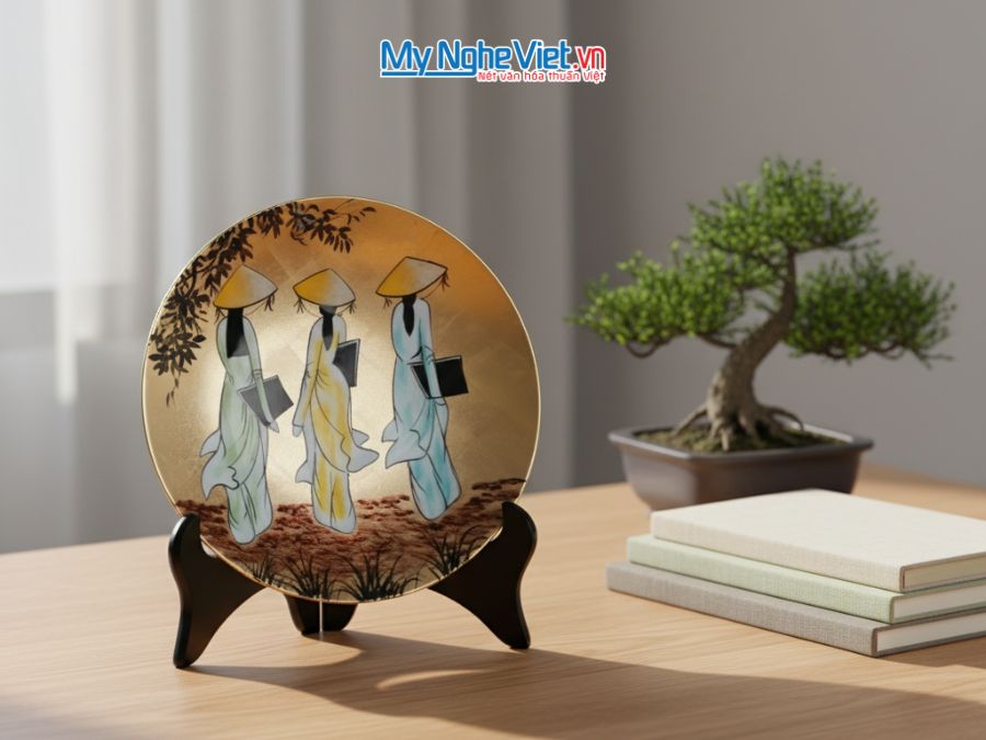 Tranh đĩa sơn mài Cô Gái dát lá vàng D25cm TSMH25