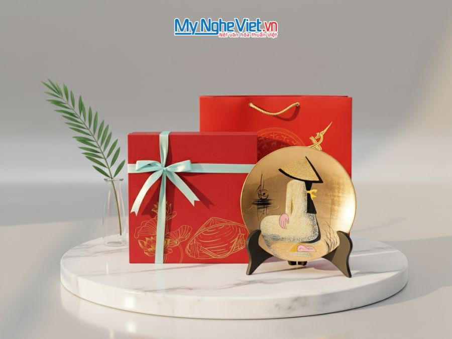 Tranh đĩa sơn mài cô gái quỳ nhiều mẫu vàng D25cm TD25-Q + Hộp Cao Cấp