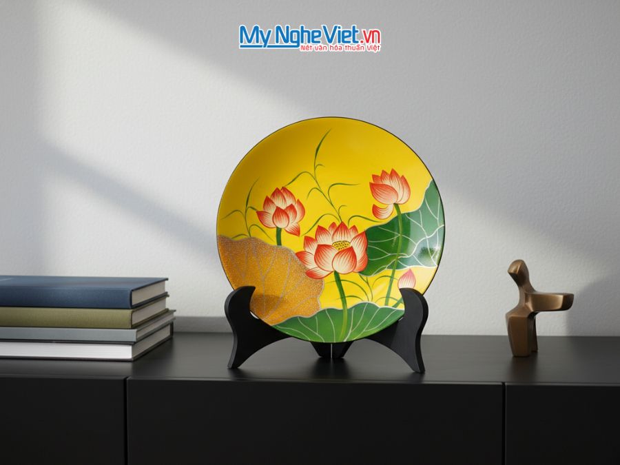 Tranh dĩa sơn mài hoa sen nền vàng D25 - TD25-TBL8