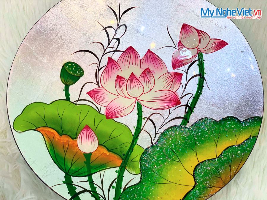 Tranh đĩa sơn mài hoa sen dát lá bạc D25 - TD25-TBL13