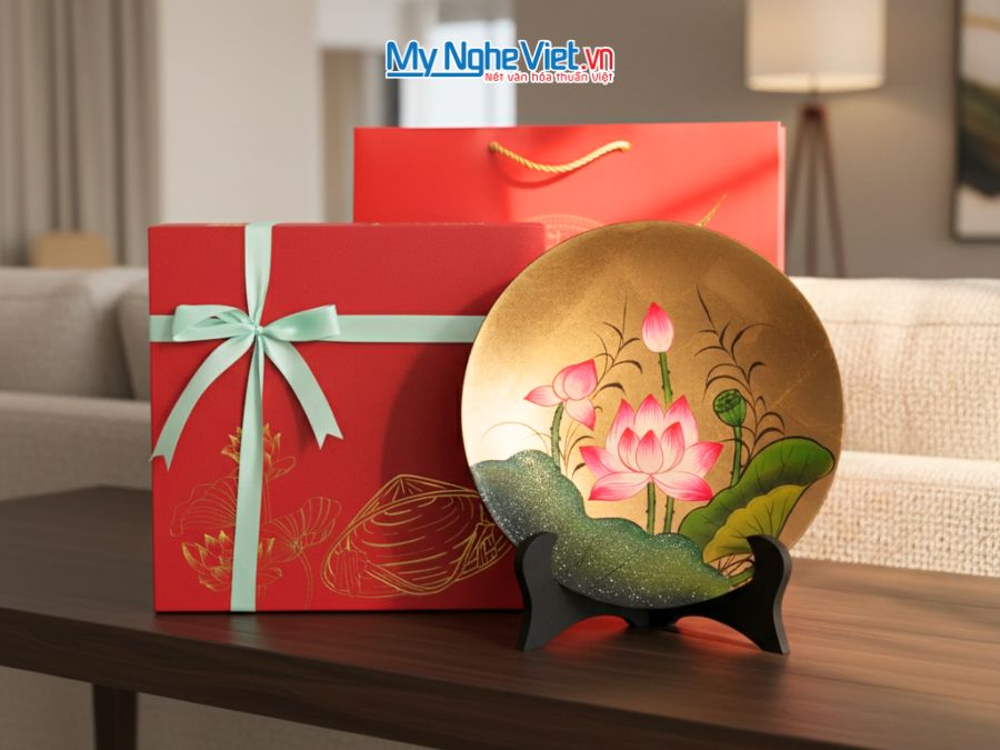 Tranh đĩa sơn mài hoa sen dát lá vàng nhiều mẫu D25 - TD25-TBL14