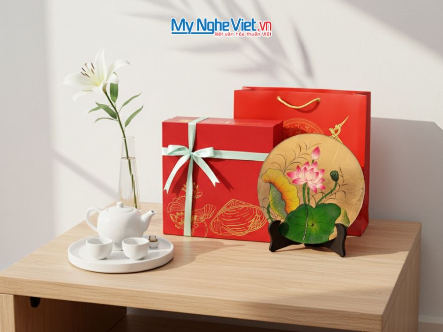 Tranh đĩa sơn mài hoa sen dát lá vàng nhiều mẫu D25 - TD25-TBL14
