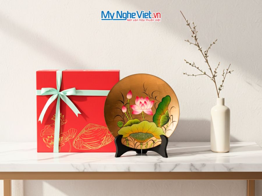 Tranh đĩa sơn mài hoa sen dát lá vàng nhiều mẫu D25 - TD25-TBL14