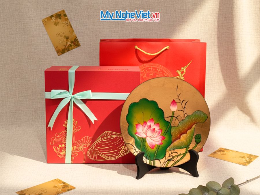 Tranh đĩa sơn mài hoa sen dát lá vàng nhiều mẫu D25 - TD25-TBL14
