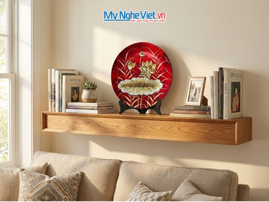 Tranh đĩa sơn mài hoa sen đắp nổi nền đỏ TD30SV/1