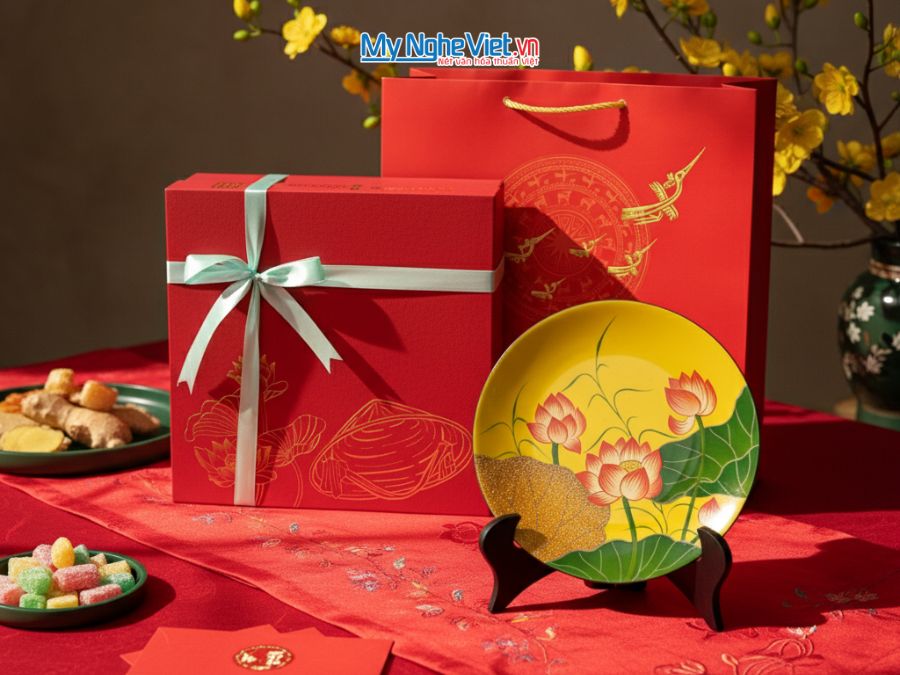 Tranh dĩa sơn mài hoa sen nền vàng D25 - TD25-TBL8