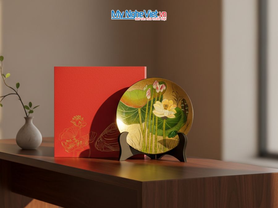 Tranh dĩa sơn mài hoa sen D20 Và Hộp Cao Cấp TD20-3.1