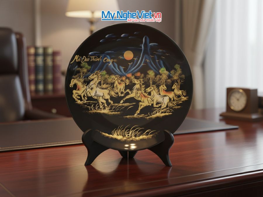 Tranh đĩa sơn mài mã đáo thành công đắp nổi MNV-TD358