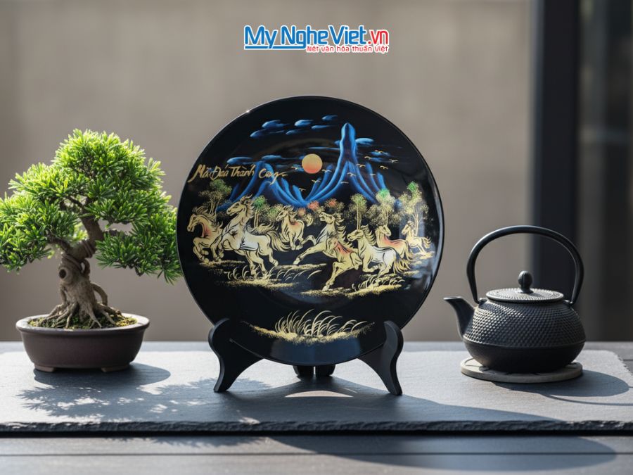 Tranh đĩa sơn mài mã đáo thành công đắp nổi MNV-TD358