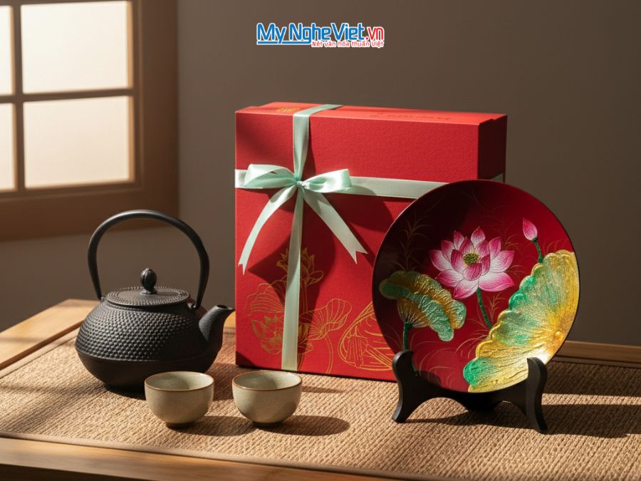 Tranh đĩa sơn mài vẽ tay hoa sen (nền đỏ) D20 TD20-3.2