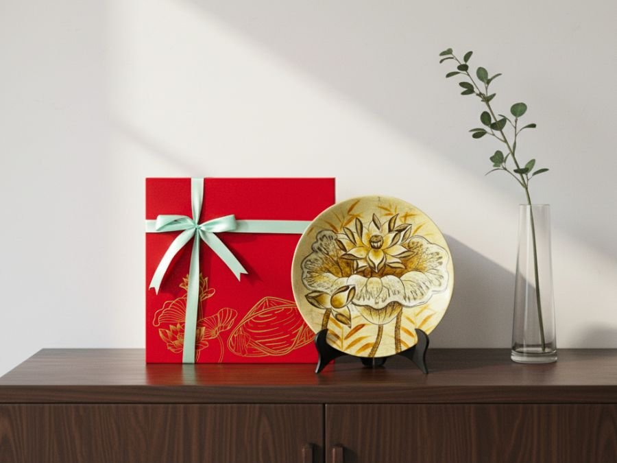 Tranh đĩa sơn mài hoa sen đắp nổi dát lá vàng và hộp quà tặng cao cấp CBTD20SV/1-1