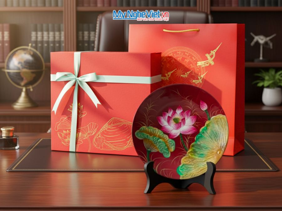 Tranh đĩa sơn mài vẽ tay hoa sen (nền đỏ) D25 TD25-3