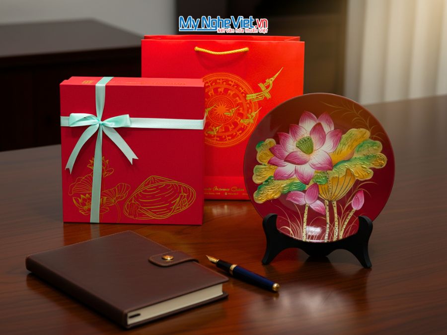 Tranh đĩa sơn mài vẽ tay hoa sen (nền đỏ) D25 TD25-3