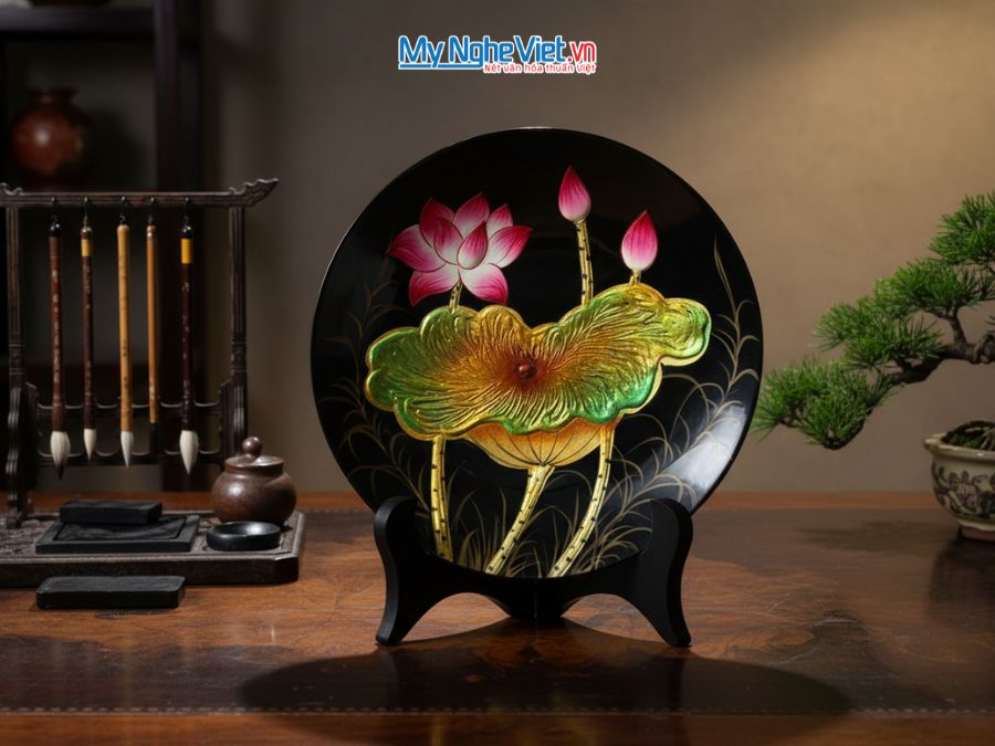 Tranh đĩa sơn mài vẽ tay hoa sen (nền đen) D30 TD25-3