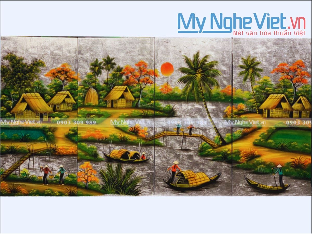 Bộ Tranh Sơn Mài Đồng Quê Đắp Bạc cẩn ốc cao cấp TSM363-4.1