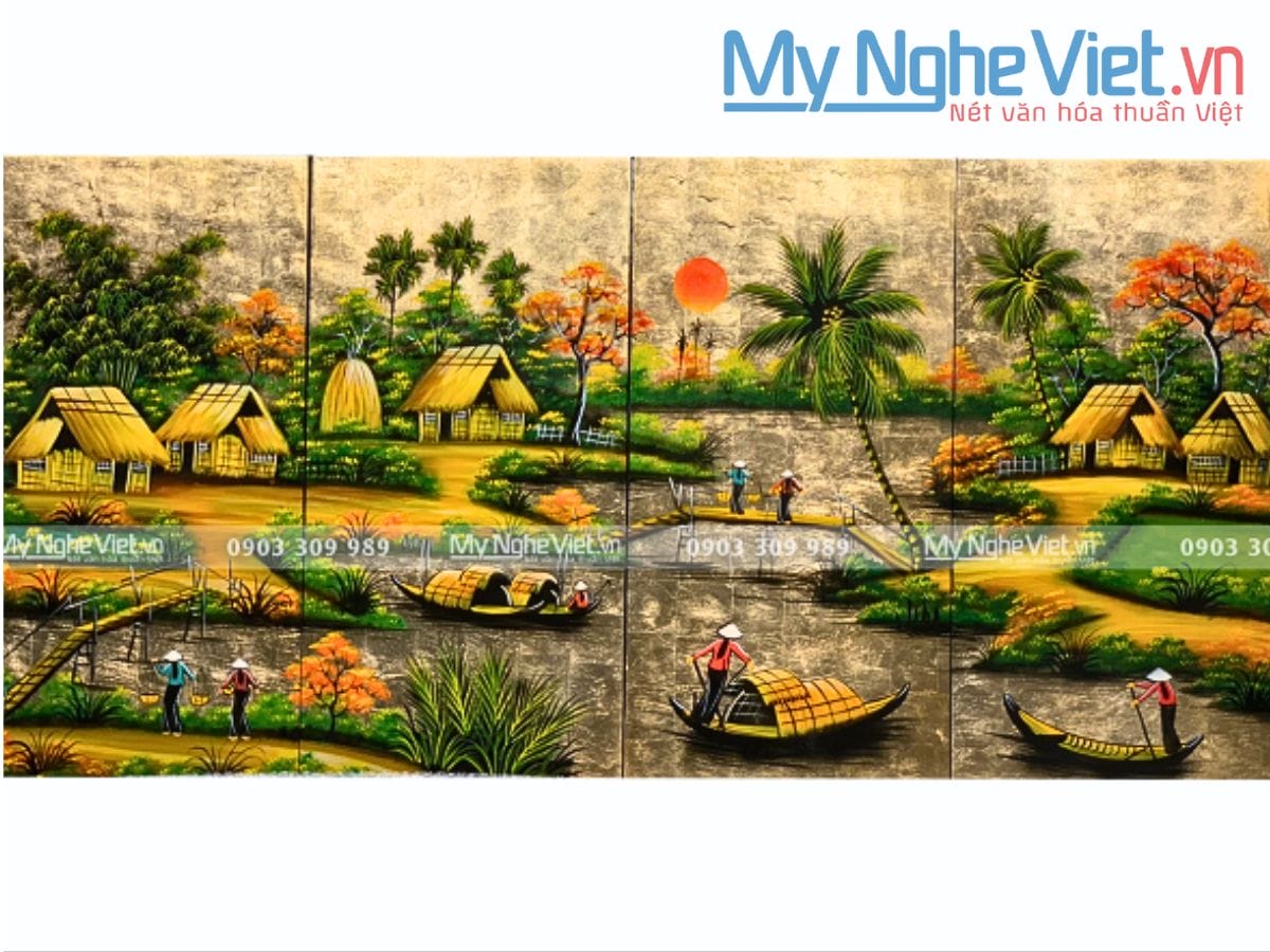Bộ Tranh Sơn Mài Đồng Quê Đắp Vàng cẩn ốc cao cấp TSM363-4