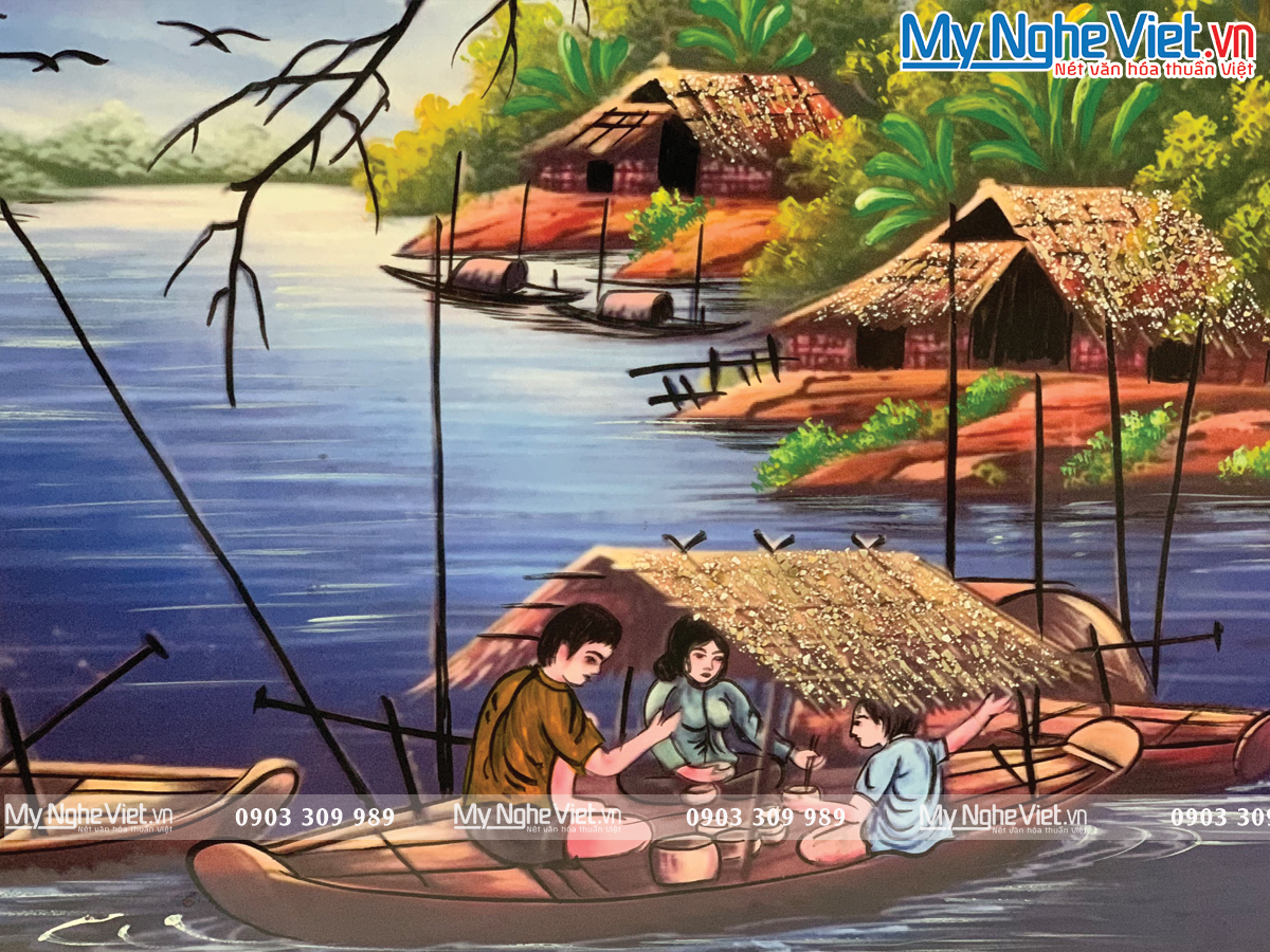 Tranh đồng quê gia đình nền xanh lam - Tranh sơn mài TSMTBL342-1