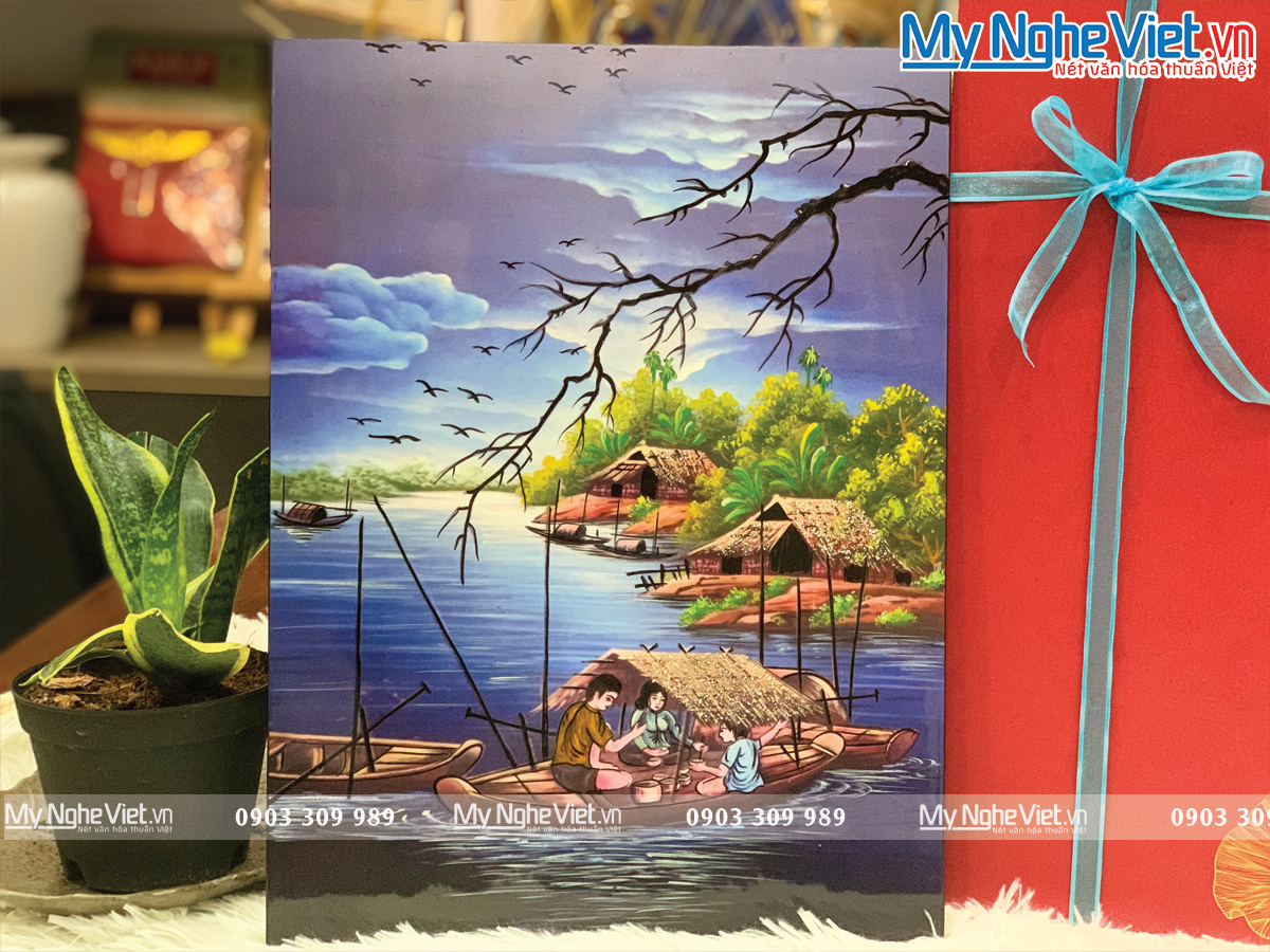 Tranh đồng quê gia đình nền xanh lam - Tranh sơn mài TSMTBL342-1
