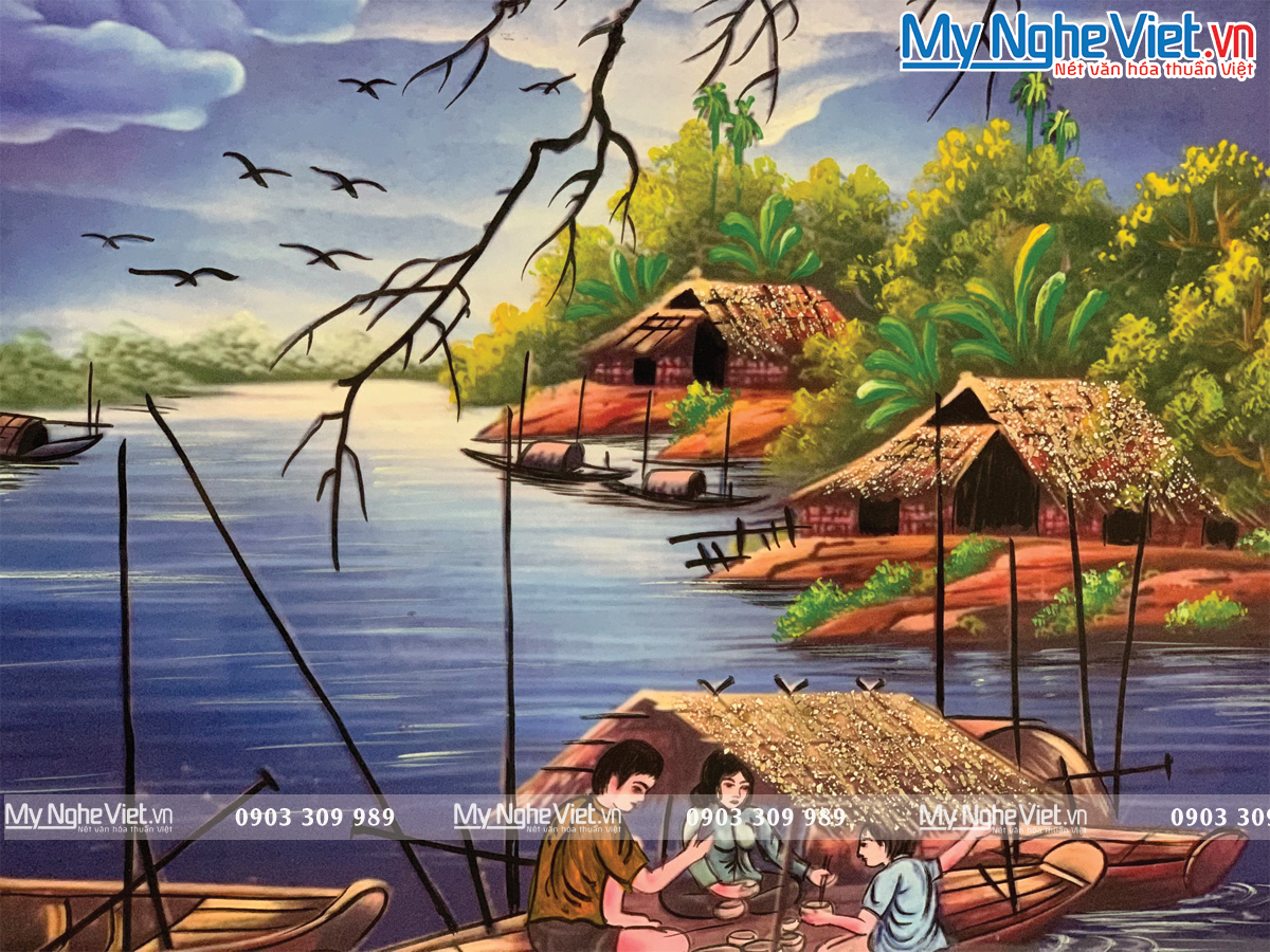 Tranh đồng quê gia đình nền xanh lam - Tranh sơn mài TSMTBL342-1