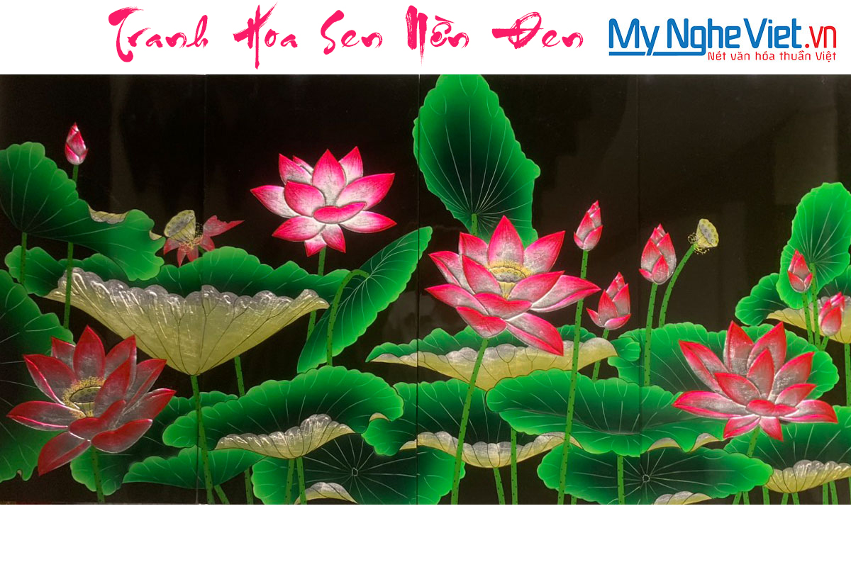 Tranh tứ quý sơn mài hoa sen Nền Đen SMTT360