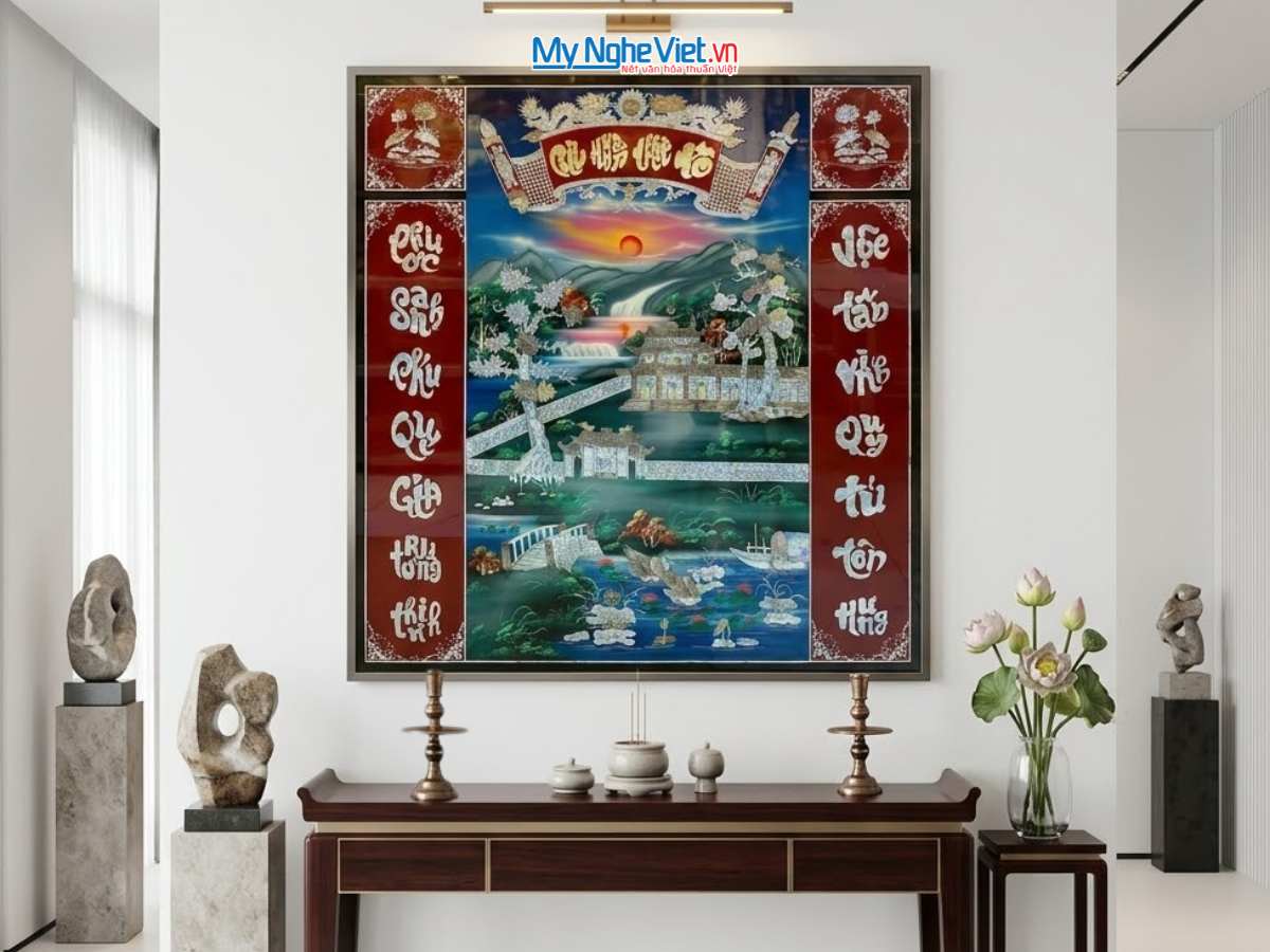 Liễn sơn mài – Cửu huyền thất tổ cẩn ốc nền xanh 120x130cm SMA195-1213/1