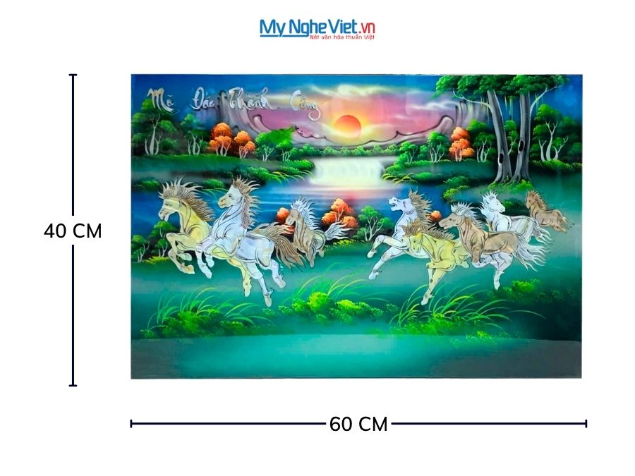 Tranh Sơn Mài Mã Đáo Thành Công Cẩn Ốc Nền Xanh 40x60cm TSM468