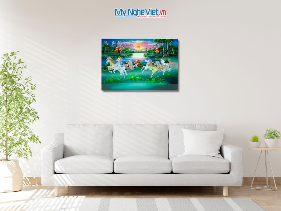 Tranh Sơn Mài Mã Đáo Thành Công Cẩn Ốc Nền Xanh 40x60cm TSM468