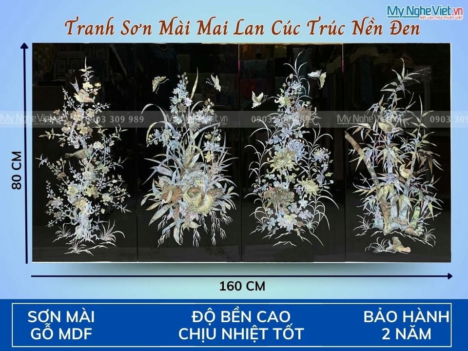 Bộ Tranh Sơn Mài Mai Lan Gốc Chìm Nền Đen 40x80