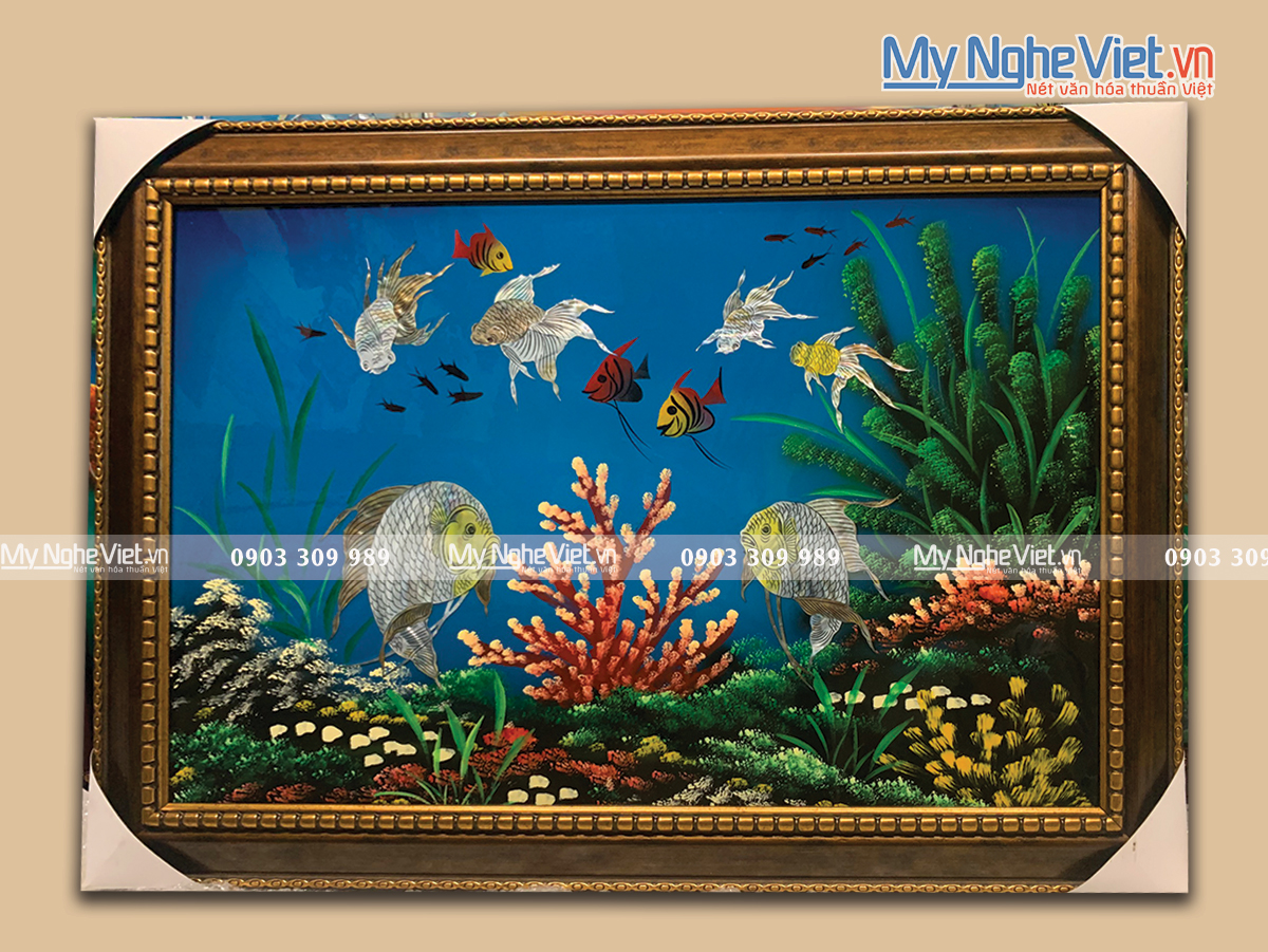 Tranh sơn mài cảnh biển: san hô và cá